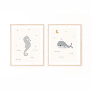 Sea Horse and Whale Wall Art, Neutral Design, Nursery Decor, Underwater World Print, Scandinavian Ocean Kids&#39; Room Prints, Baby Room Art