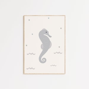 Pastel Sea Horse Art Print, Kids Room Wall Decor, Underwater Ocean Theme, Scandinavian Style, Neutral, Detailed Illustration, Sea Wall Art