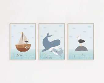 Nautical Themed Nursery Prints, Set Of 3 Kids Room Prints, Under The Sea Wall Art, Ocean Animals Art, Gender Neutral, Suitable For Gift