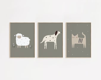 Set Of 3 Prints For Nursery, Dog, Cat, Sheep Poster For Kids, Baby Boy Room Wall Art, Baby Girl Cute Print, Gender Neutral Wall Decor