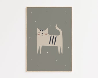 Impresión linda de la habitación de los niños del gato, decoración de la guardería neutral del género, arte adorable del gatito, regalo de los amantes de los gatos, arte juguetón de la pared de la habitación de los niños