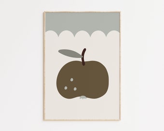 Nursery Apple Wall Art, Kids Room Fruit Print, Neutral Colors Playfull Poster, Cute Scandinavian Minimalism Print For Toddler, Baby Room