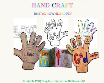 May include: Printable PDF craft activity for teaching children about the Lord's Prayer. The craft features colorful hand outlines with the words of the prayer written on them. The title "The Lord's Prayer Hand Craft" is at the top of the page.