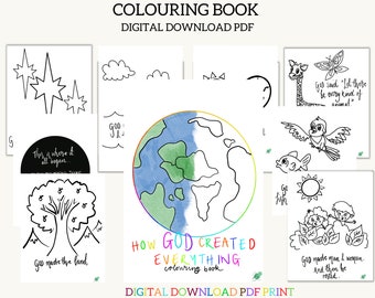 Puede incluir: Un libro para colorear en blanco y negro con el título "How God Made Everything Coloring Book". El libro presenta ilustraciones de la historia de la creación, incluyendo estrellas, nubes, un árbol, un pez, un pájaro, una jirafa y un hombre y una mujer.