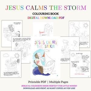 Pode incluir: Páginas para colorir em preto e branco com ilustrações de Jesus acalmando a tempestade. O livro inclui uma página de título, uma página para colorir e uma página de perguntas. O texto nas páginas diz "Jesus acalma a tempestade", "Uma noite, depois de um dia agitado ensinando, Jesus e seus amigos partiram em um barco para cruzar o mar", "Enquanto navegavam, Jesus estava cansado e adormeceu. Mas logo um vento forte se levantou e sacudiu o barco", "Pergunta 1: O que Jesus fez quando a tempestade chegou?", "Pergunta 2: O que Jesus disse aos seus amigos?", "Pergunta 3: O que Jesus fez?", "Circule a resposta correta."