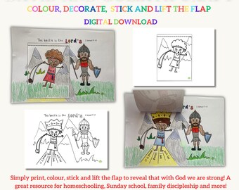 May include: A digital download craft titled "David and Goliath Craft." The image shows four illustrations of the biblical story, including color and black-and-white versions. The text encourages users to color, decorate, stick, and lift the flap.