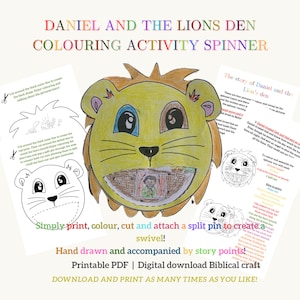 May include: A printable coloring activity for kids featuring a lion's head with a split pin to create a spinner. The activity is based on the biblical story of Daniel and the Lion's Den. The text on the page reads "Daniel and the Lion's Den Coloring Activity Spinner".