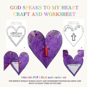 Op de afbeelding: Een printbaar knutselblad en werkblad voor kinderen met een paars hart met de woorden "God spreekt tot mij" en een kruis. Het werkblad is ontworpen om kinderen te helpen leren over Gods liefde en hoe hij tot hun hart spreekt.