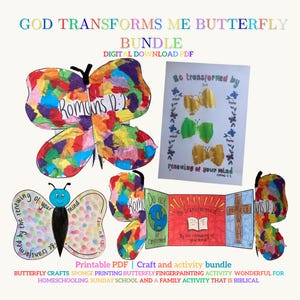 May include: A digital download bundle of butterfly-themed crafts and activities. The image shows various butterfly designs, including one with the text "Romans 12:2." Suitable for home schooling and family activities. Includes printable PDFs.