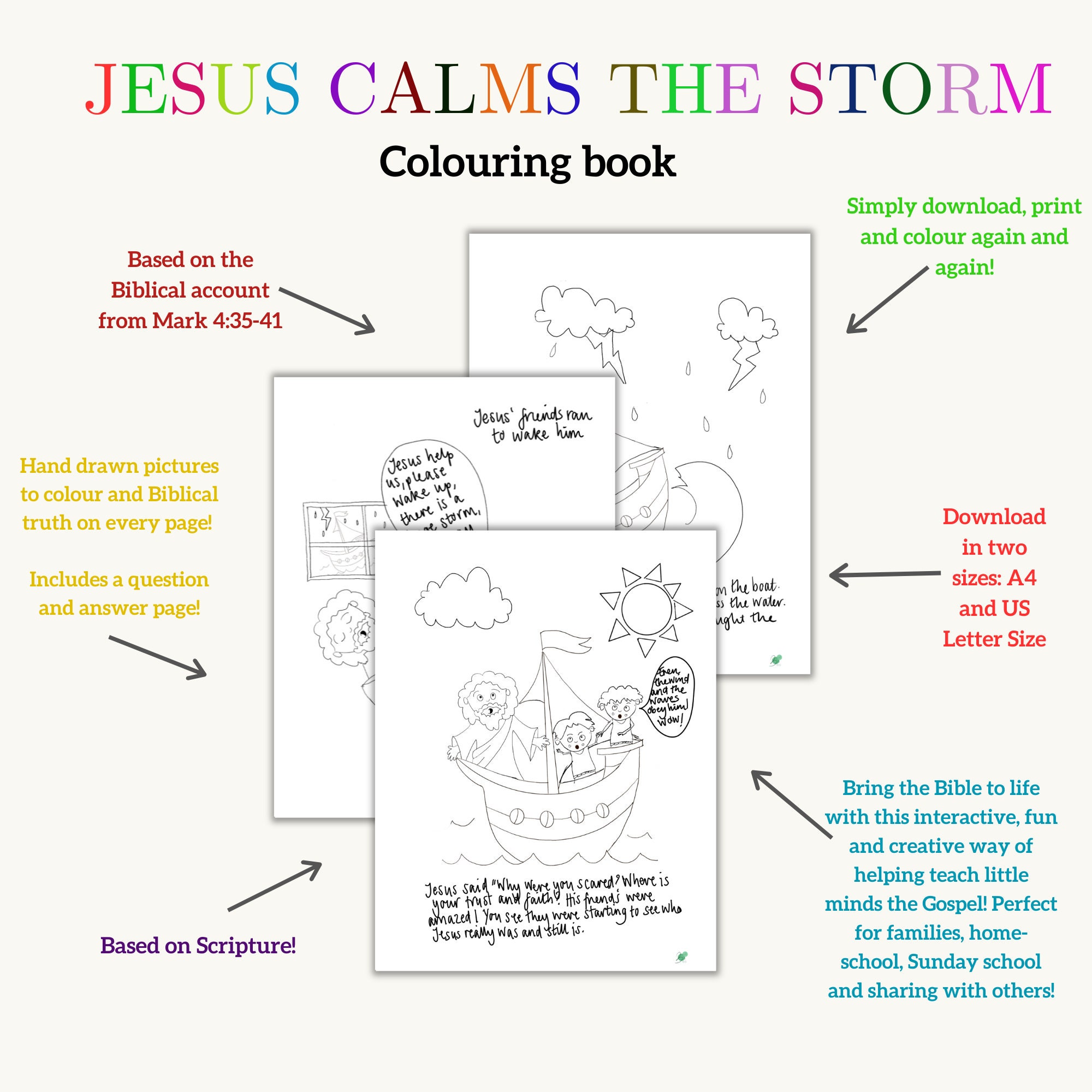 Jesus Calms the Storm Digital Download Colouring Book, Biblical