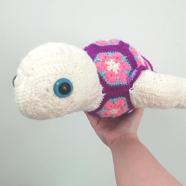 Large Handmade Amigurumi Sea Turtle with African Flower Motif