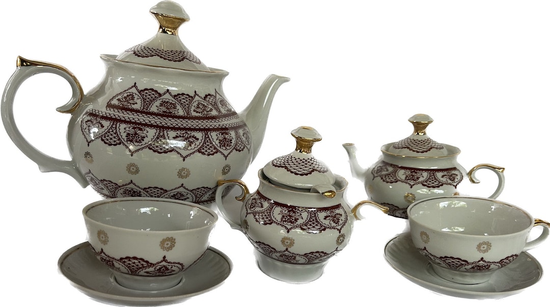 Russian Porcelain Tea Set, 5piece Service, Vintage Porcelain Tea Set