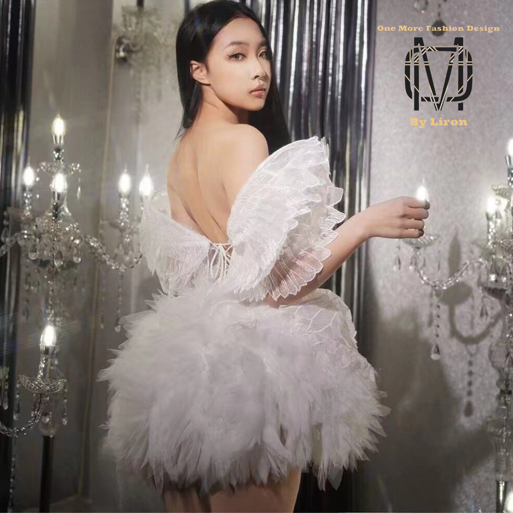 Angel Wing Drape Dress with Crystal-Embellished Waist & Puff Sleeves