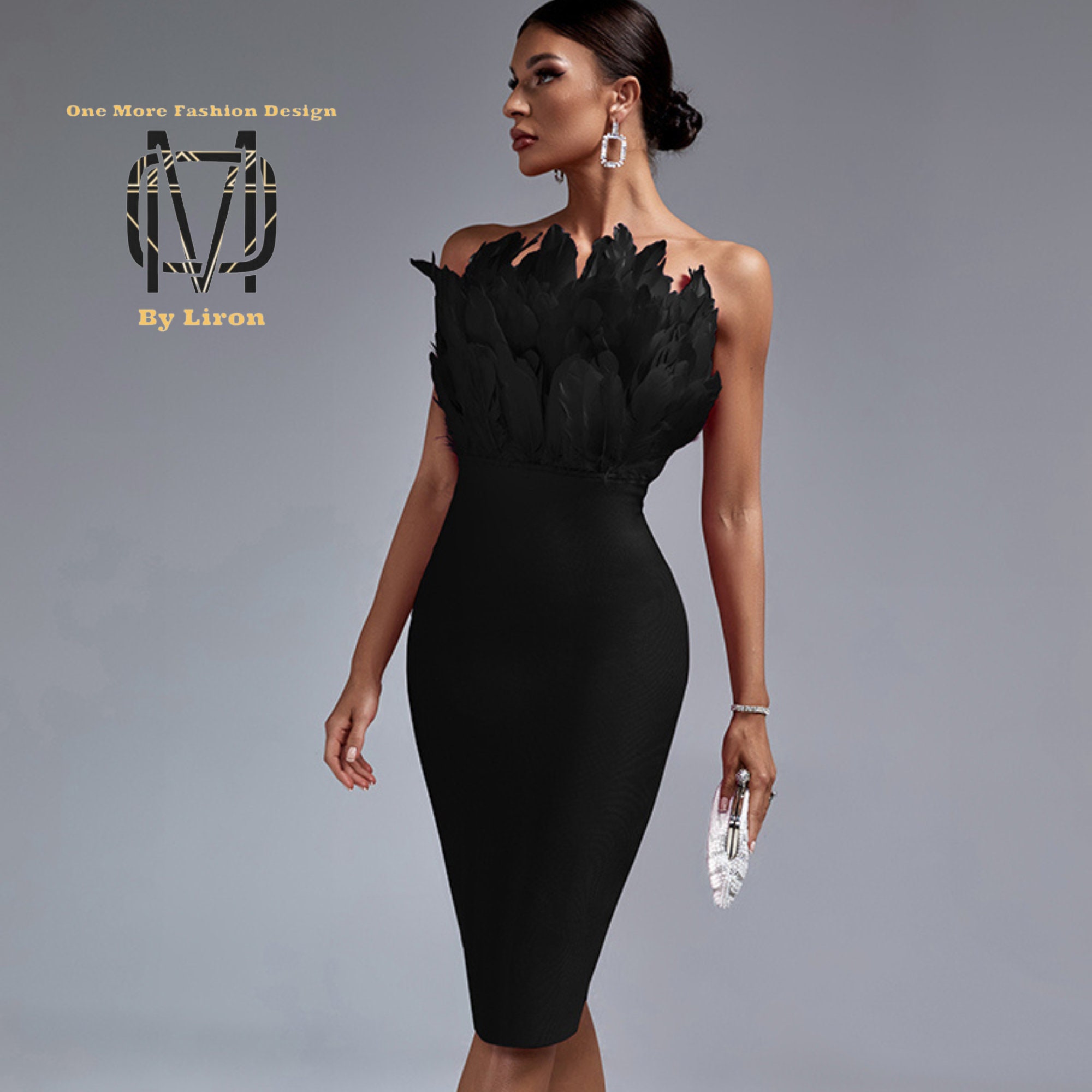 Amber Deep V Embellished Feather Trim Mini Dress - Black