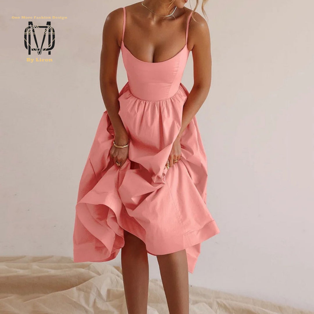 Elegant Summer Dress Without Sleeve Nipped Waist Casual Midi Gown