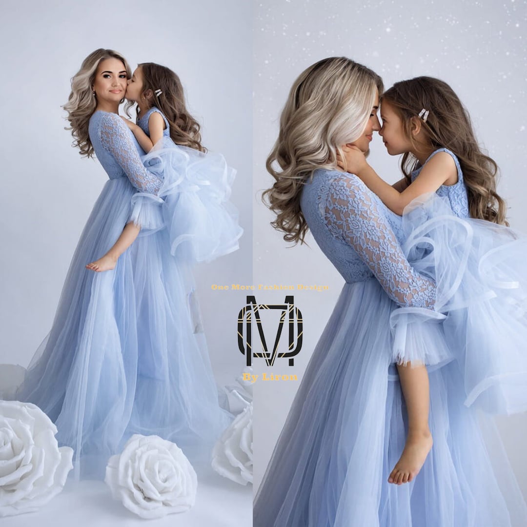 Mommy and Me Light Blue Matching Dress With Floral Lace and Long Sleeve ...