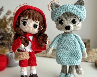 PDF document ESP/ENG. Crochet pattern. Amigurumi pattern Pack Wolf dressed as a grandmother and Little Red Riding Hood. Knitting guide.