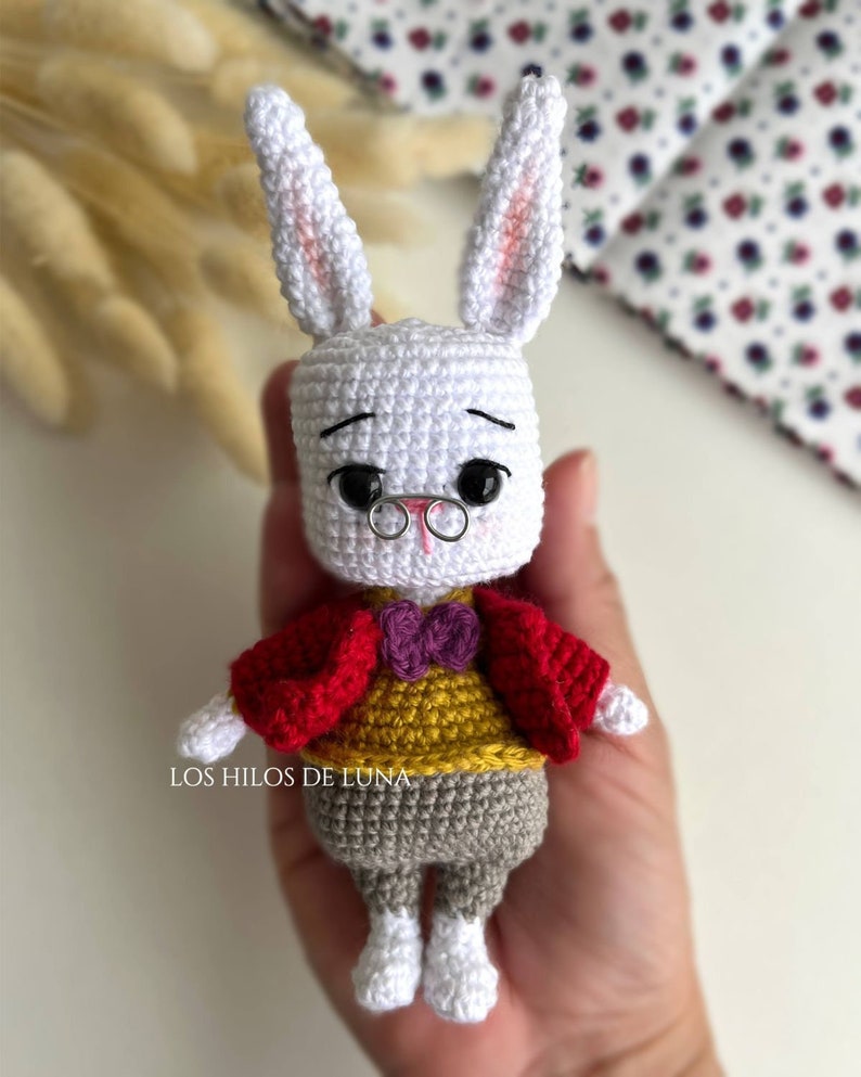 Puede incluir: Mu&ntilde;eca de conejo blanco hecha a mano con ganchillo, con orejas largas, que lleva una chaqueta roja, un su&eacute;ter amarillo, pantalones grises y una pajarita morada. El conejo tiene ojos negros, gafas de montura met&aacute;lica y sostiene un objeto peque&ntilde;o. El texto "LOS HILOS DE LUNA" es visible.