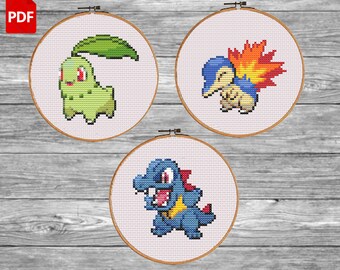 Schema punto croce Chikorita Cyndaquil Totodile Pokemon Starters