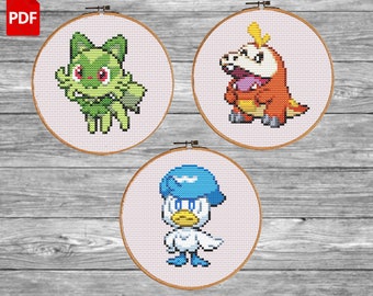Schema punto croce Sprigatito Fuecoco Quaxly Pokemon Starters