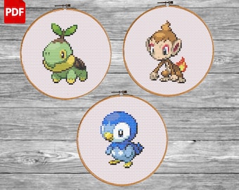 Schema punto croce Turtwig Chimchar Piplup Pokemon Starter