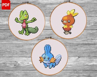 Schema punto croce per principianti di Pokemon Treecko Torchic Mudkip