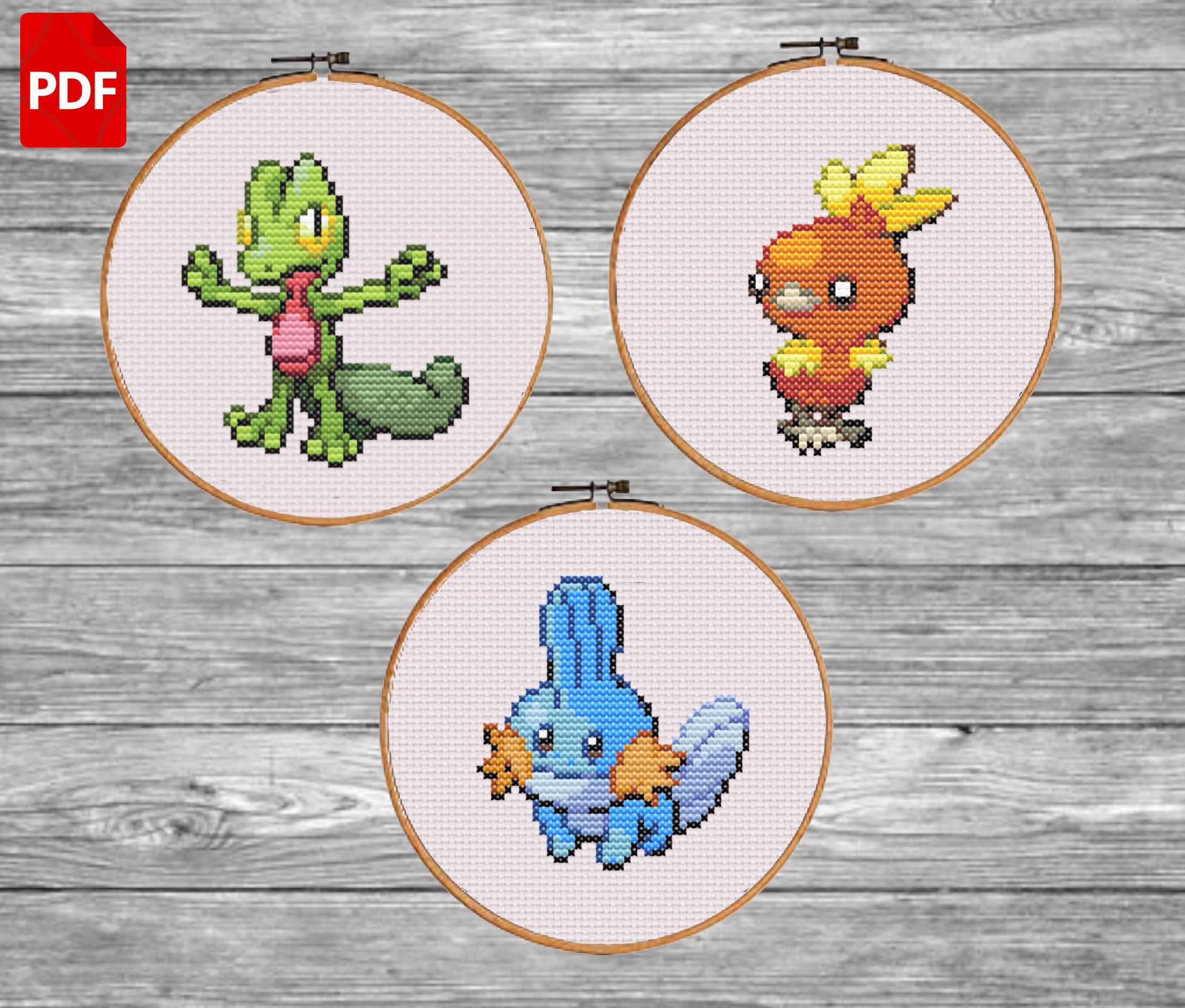 Treecko Torchic Mudkip Pokemon Starters Cross Stitch Pattern - Etsy, image size:2232x1899