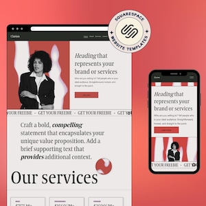Könnte beinhalten: Eine Website-Designvorlage für eine Unternehmenswebsite. Die Vorlage verfügt über ein rot-weißes Farbschema mit einer fetten Überschrift, die "Überschrift, die Ihre Marke oder Dienstleistungen repräsentiert" lautet. Die Website enthält auch einen Call-to-Action-Button mit der Aufschrift "Holen Sie sich Ihr Gratisgeschenk".