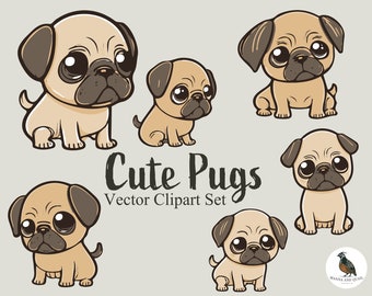 Cute Pugs Clipart | PNG Ai Svg Clipart Sheets | Pug SVG Clipart | Cute Dog Clipart | Cartoon Pug SVG | Instant Download | Printable Clipart