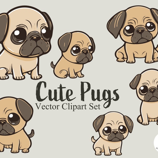 Cute Pugs Clipart | PNG Ai Svg Clipart Sheets | Pug SVG Clipart | Cute Dog Clipart | Cartoon Pug SVG | Instant Download | Printable Clipart