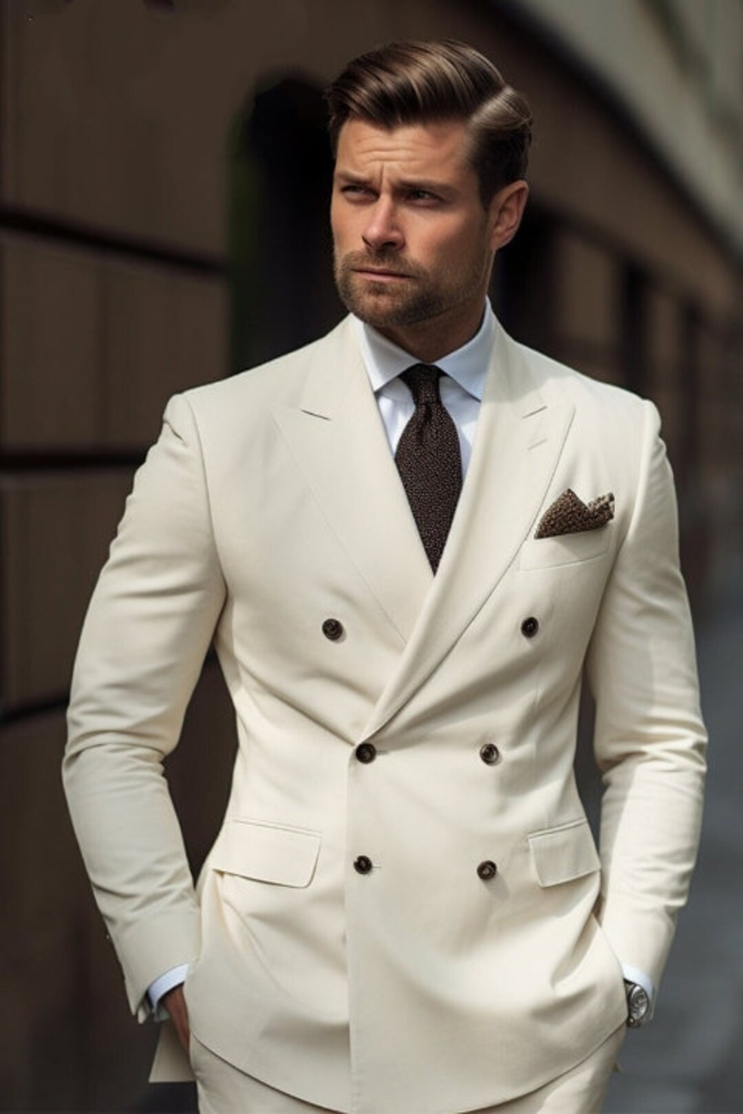 Men Suit elegant Cream Color Double Breasted Suit for Men Classic