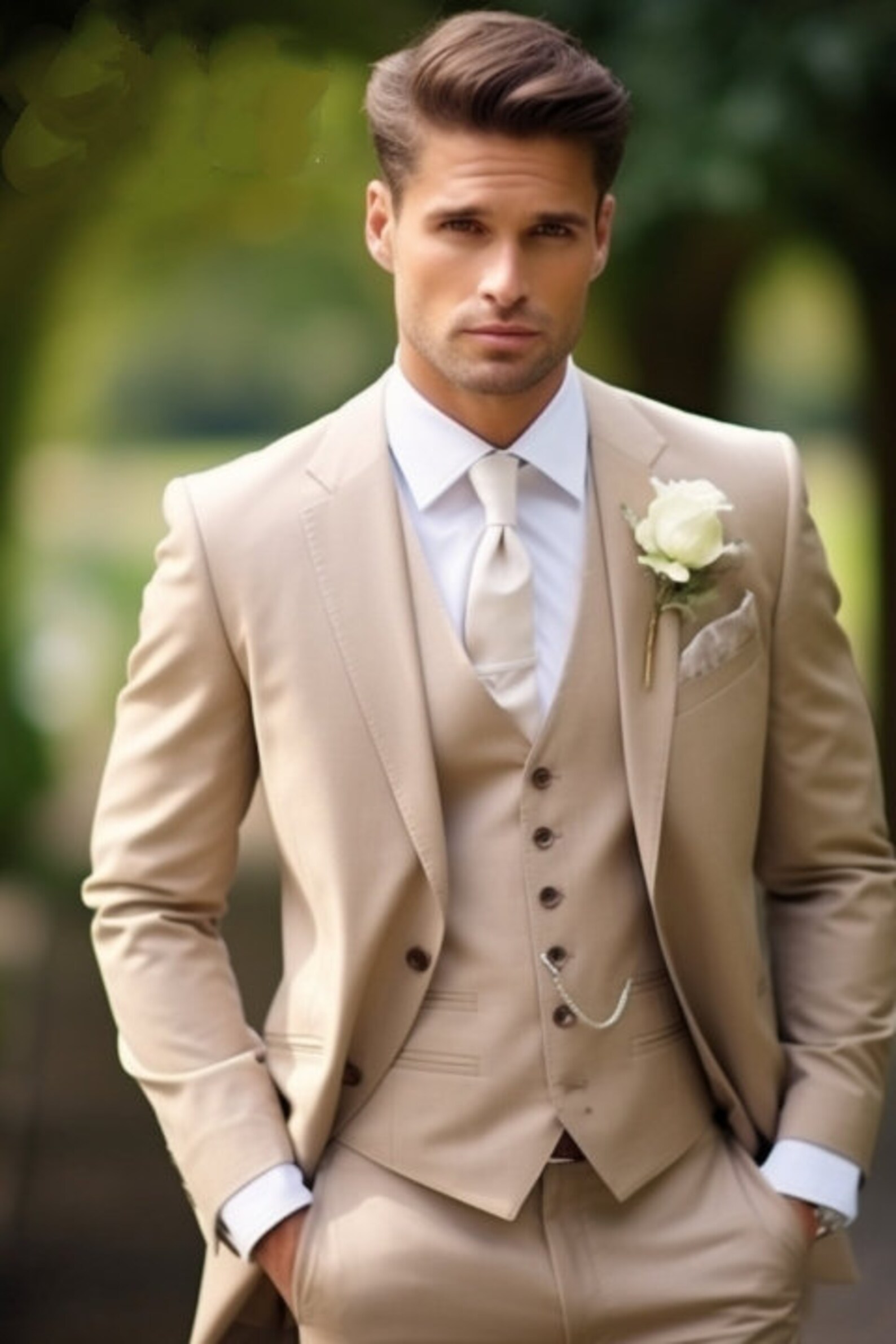 Beige Three Piece Tuxedo Wedding Suits for Men Bespoke Wedding Suit
