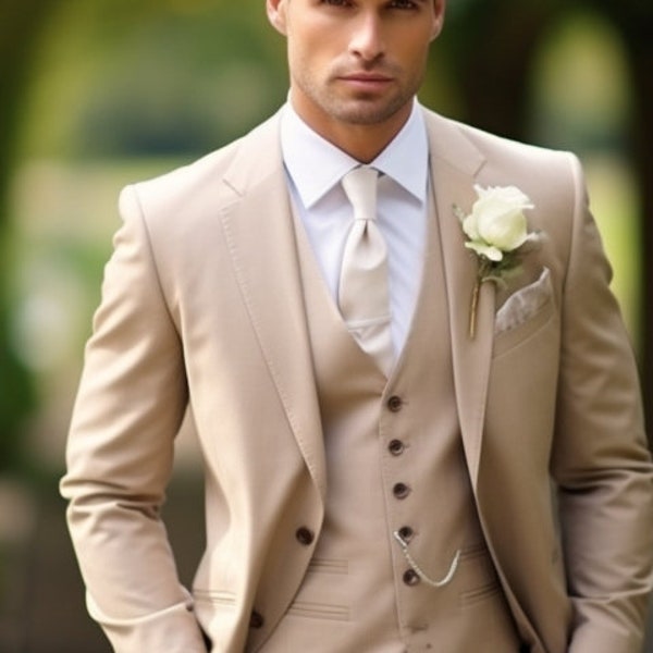 Beige three piece tuxedo wedding suits for men - bespoke wedding suit - formal fashion suit- prom wear