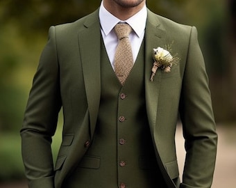 Herrenanzug – Hochzeits- und Partyanzug – 3-teiliger Herrenanzug in Khaki-Grün – Slim-Fit-Anzug – stilvolle formelle Kleidung für jeden Anlass – maßgeschneiderter Anzug