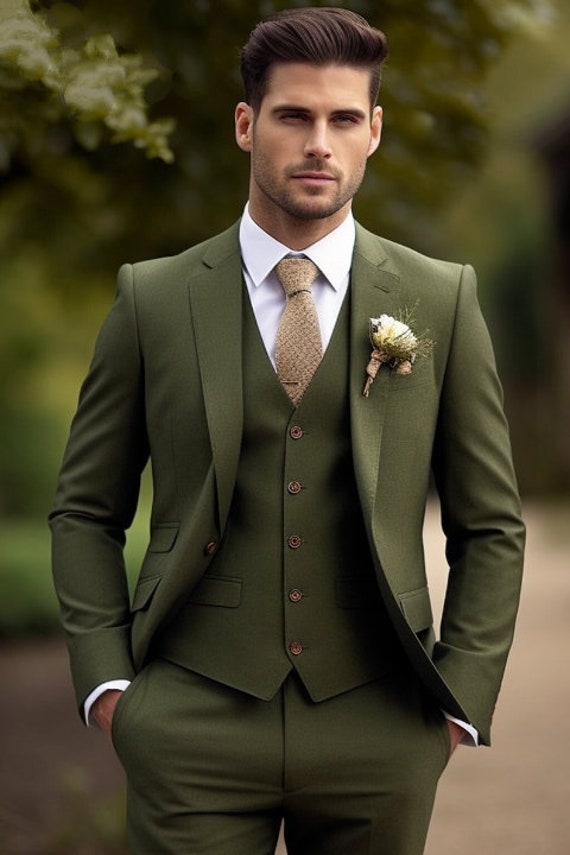 Man Suit Wedding and Party Wear Suit Men's Khaki Green 3 Piece