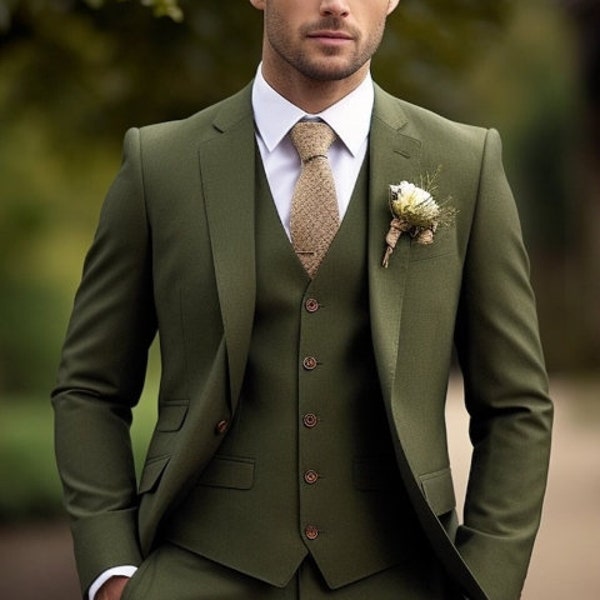 Man Suit- Wedding and Party Wear Suit- Men's Khaki Green 3 Piece Suit -Slim fit Suit- Stylish Formal Attire for Any Occasion - Tailored Suit