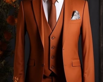 Men's Suit - Elegant Rust Color Three Piece Suit for Men -Formal Wedding Attire- Tailored Fit