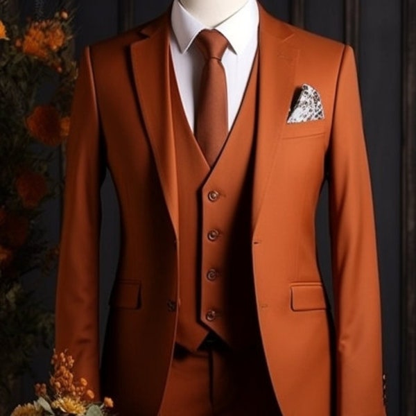 Men's Suit - Elegant Rust Color Three Piece Suit for Men -Formal Wedding Attire- Tailored Fit