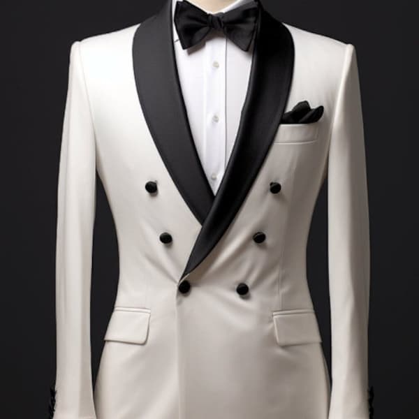 White Double Breasted Tuxedo for Men - Classic Formalwear - Tailored Suit - Gift for Men - Groomsmen Attire - Wedding Outfit