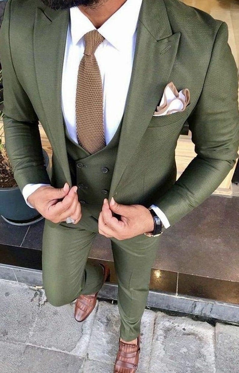 Rood Lane Slim Fit Olive Green Three Piece Men's Suit With Peak Lapels |  MrGuild