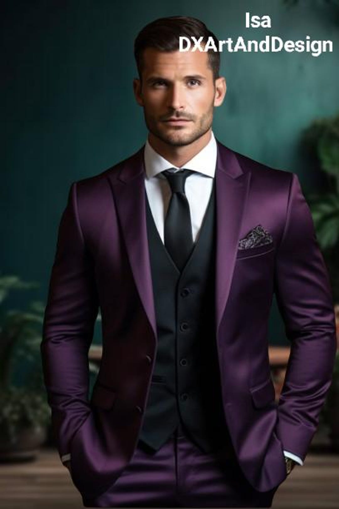 Men'S Dark Purple ~ Black Four Button Cuff Tuxedo