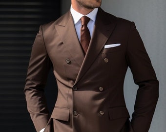 Men Brown Suit - Elegant Chocolate Brown Double Breasted Suit for Men - Stylish Formal Wear- Tailored Suit