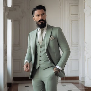 Men Sage Green Slim Fit 3-Piece Suit - Elegant Formal Fashion Suit Groom Wedding Suit Party Wear Dinner Suits Stylish Suits Bespoke For Men