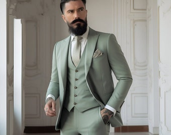 Men Sage Green Slim Fit 3-Piece Suit - Elegant Formal Fashion Suit Groom Wedding Suit Party Wear Dinner Suits Stylish Suits Bespoke For Men