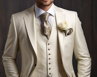 Men Suits, Classic Cream Tuxedo Suit for Men, Classic & Stylish Formal Wear for Men piece Wedding Suit, Tailored fit Suit, Slim Fit Suit.