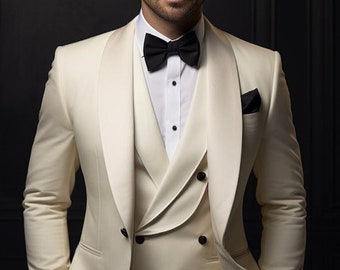 Men Suit -Elegant Ivory Tuxedo Suit for Men - Classic Wedding Suit-Tailored Suit - Slim-Fit Suit - Suit for Christmas - Groomsmen Suits