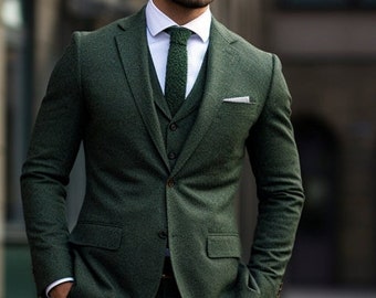 Men's Green Tweed Three-Piece Suit -3piece slim fit green suit green wedding groom suit elegant green suit - Suit for Men- Tailored Suit