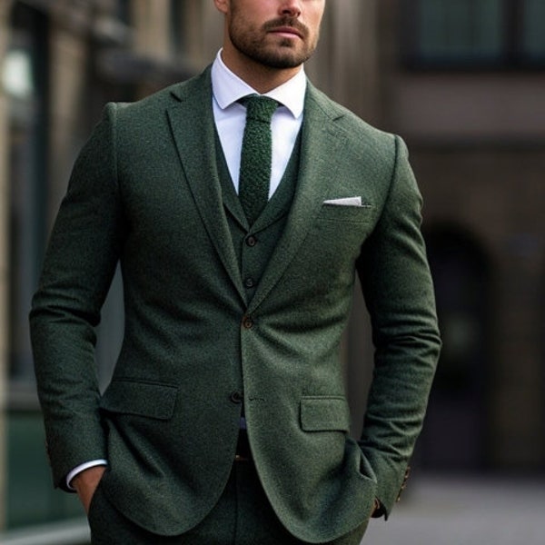 Herren Grüner Tweed Dreiteiliger Anzug - 3 Stück Slim Fit grüner Anzug grüner Hochzeit Bräutigam Anzug eleganter grüner Anzug - Anzug für Männer - Maßgeschneiderter Anzug