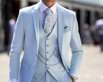 Herrenanzug - Eisblauer dreiteiliger Anzug für Männer - Premium-Qualität- Elegante formelle Kleidung - Maßgeschneiderte Passform - Maßanzug-Kleid für die Weihnachtsparty