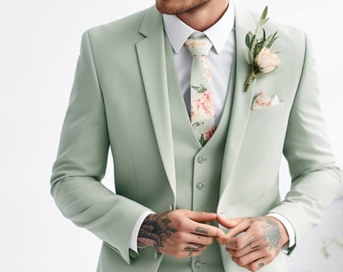 Distinguished Sage Green 3piece Suit Men's Notch Lapel Premium